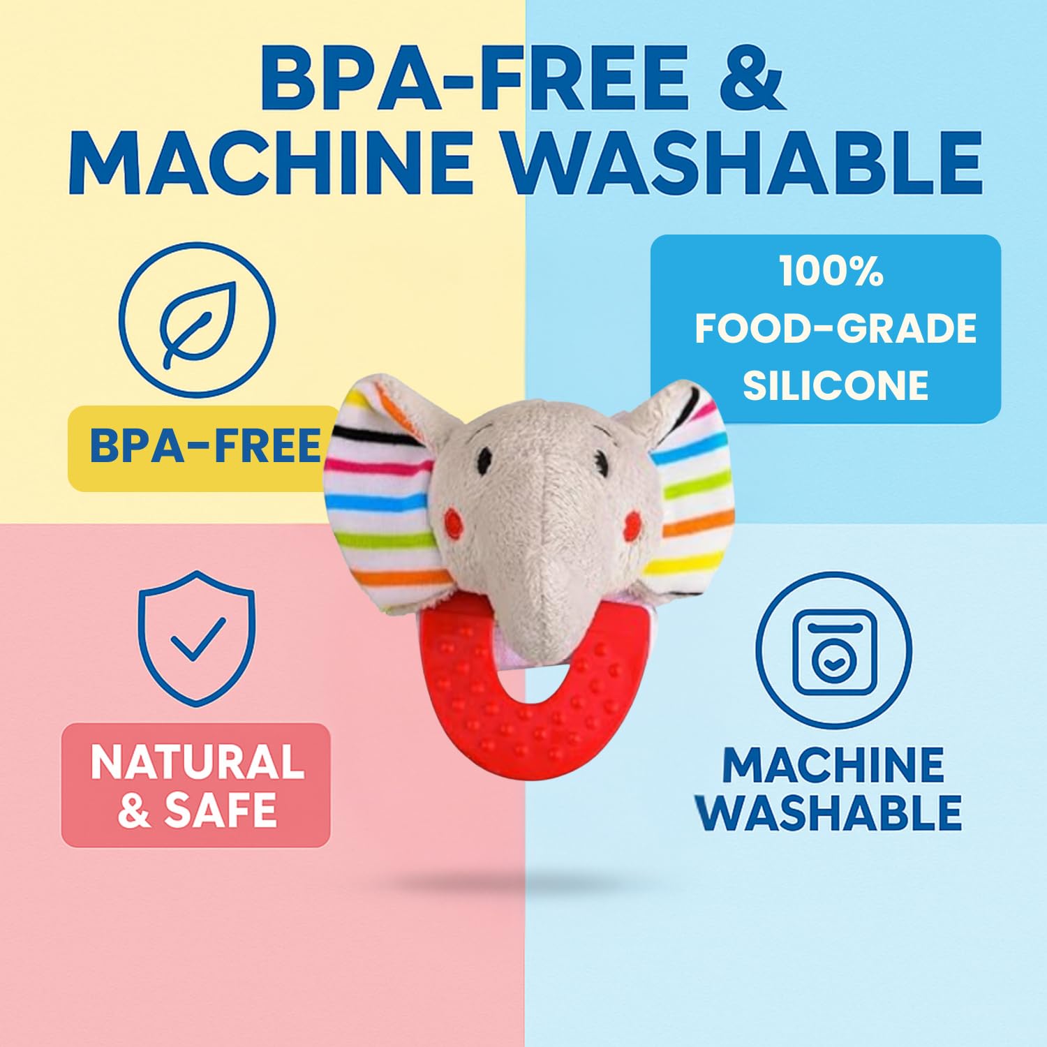 Wristy Buddy teether closeup BPA-free silicone supports safe chewing during teething.