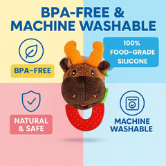 Close-up of Wristy Buddy moose teether showing safe BPA-free materials