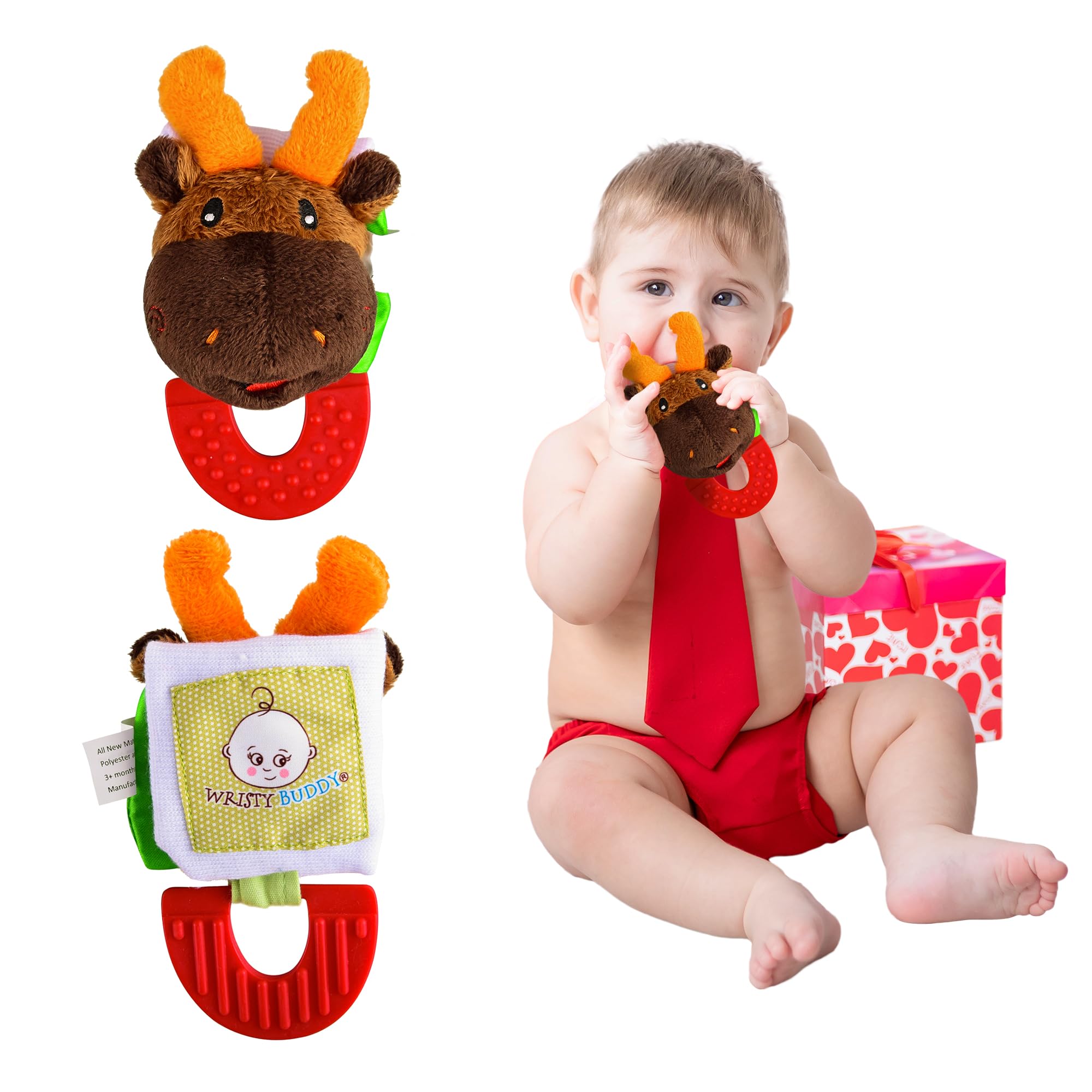 Wristy Buddy teether on baby wrist provides soothing relief with a moose design
