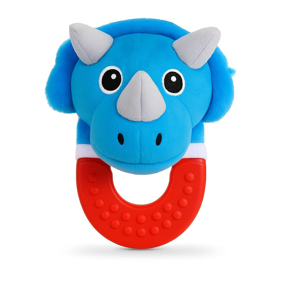 Wristy Buddy teething ring in animal shape provides gentle gum relief.