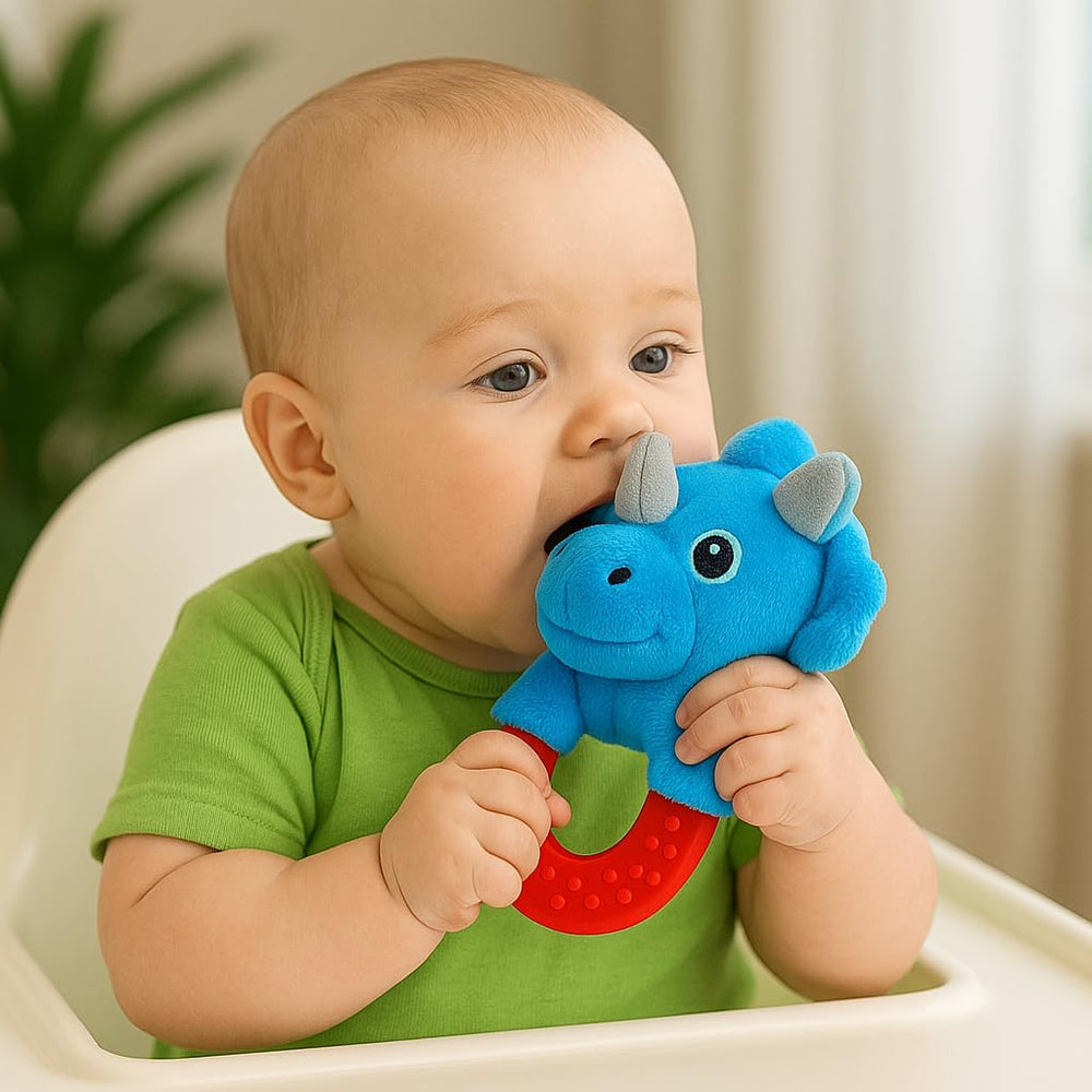 Wristy Buddy teething ring gum-massage design gently massages gums.