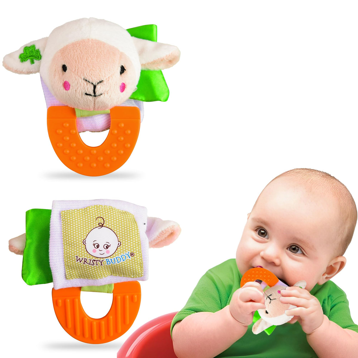 Wristy Buddy soft-lamb close-up teether soothing gums.