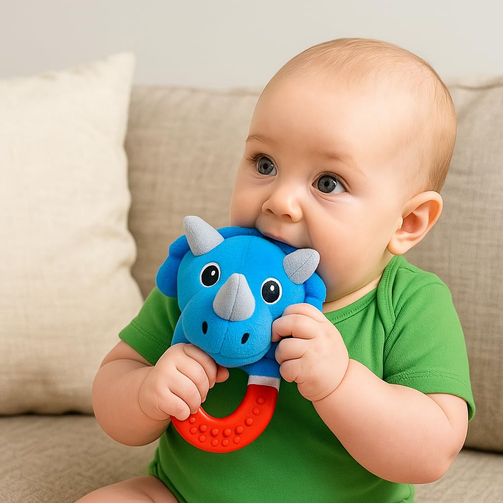 Wristy Buddy teething ring in soft silicone glove shape supports tiny hands.