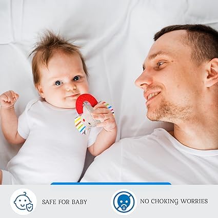 Wristy Buddy wristband teething ring keeps the teether secure and within reach.