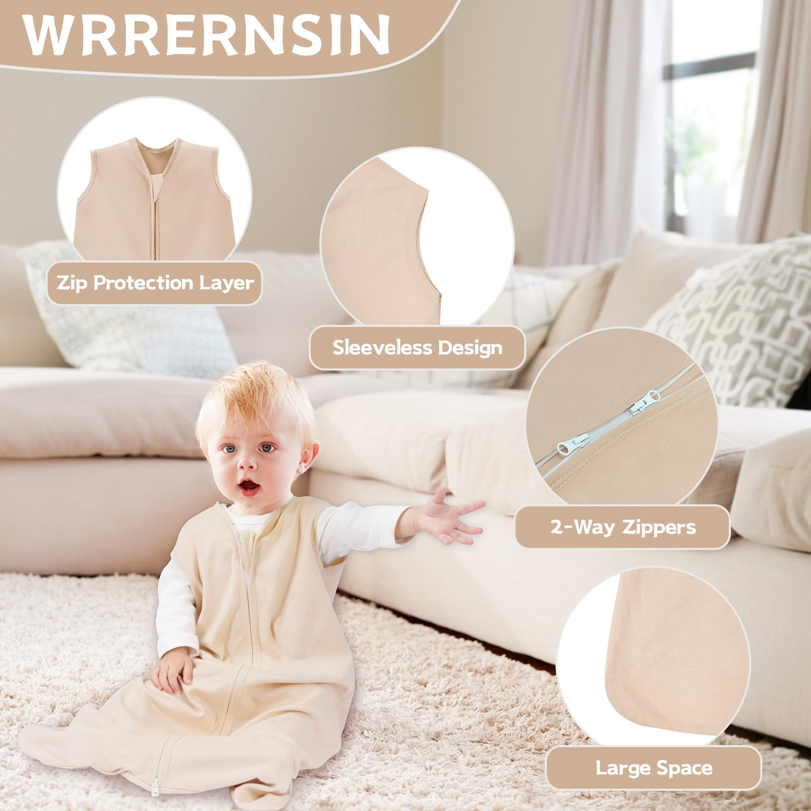 Wrrernsin sleep sack close-up shows soft 100% cotton fabric for sensitive skin