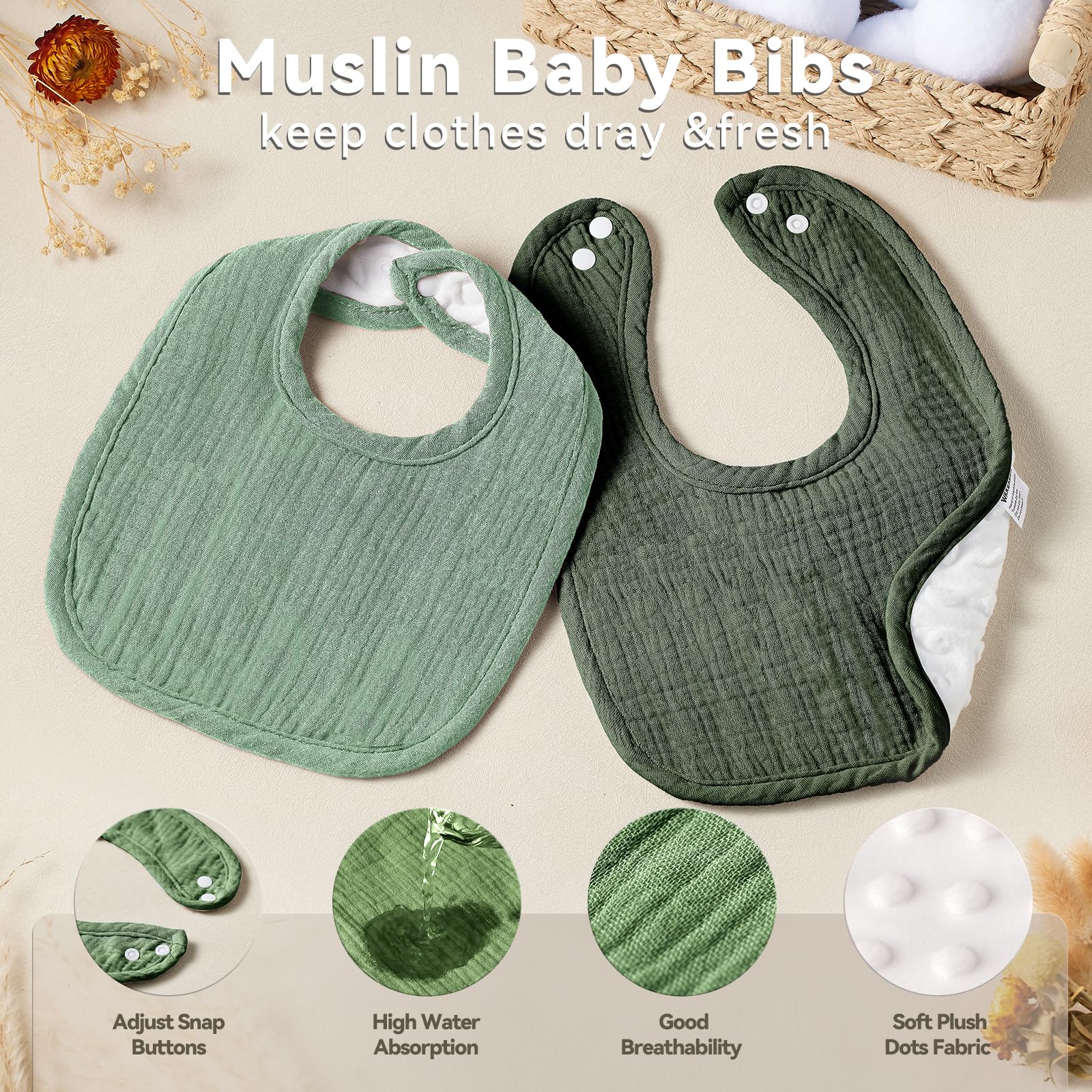 Wrrernsin Muslin Baby Bib absorbent multi-layer muslin close-up shows quick liquid soaking.