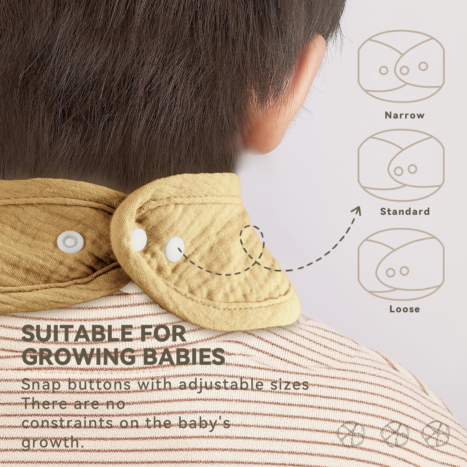 Wrrernsin Muslin Baby Bib adjustable-snaps showcases three-neck-fit options for growing babies.