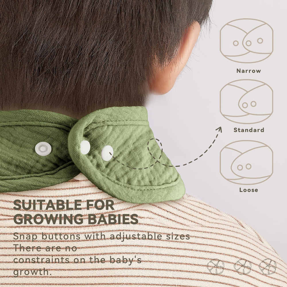 Wrrernsin Muslin Baby Bib adjustable-snaps demonstrate three neck-fit options.