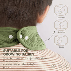 Wrrernsin Muslin Baby Bib adjustable-snaps demonstrate three neck-fit options.