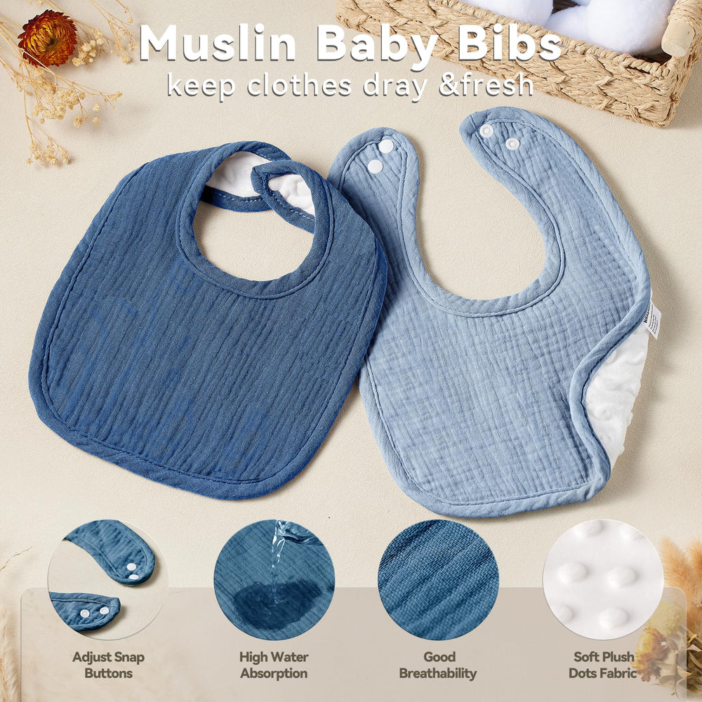 Wrrernsin muslin baby bib-adjustment-snaps shows nickel-free snaps for comfortable fit