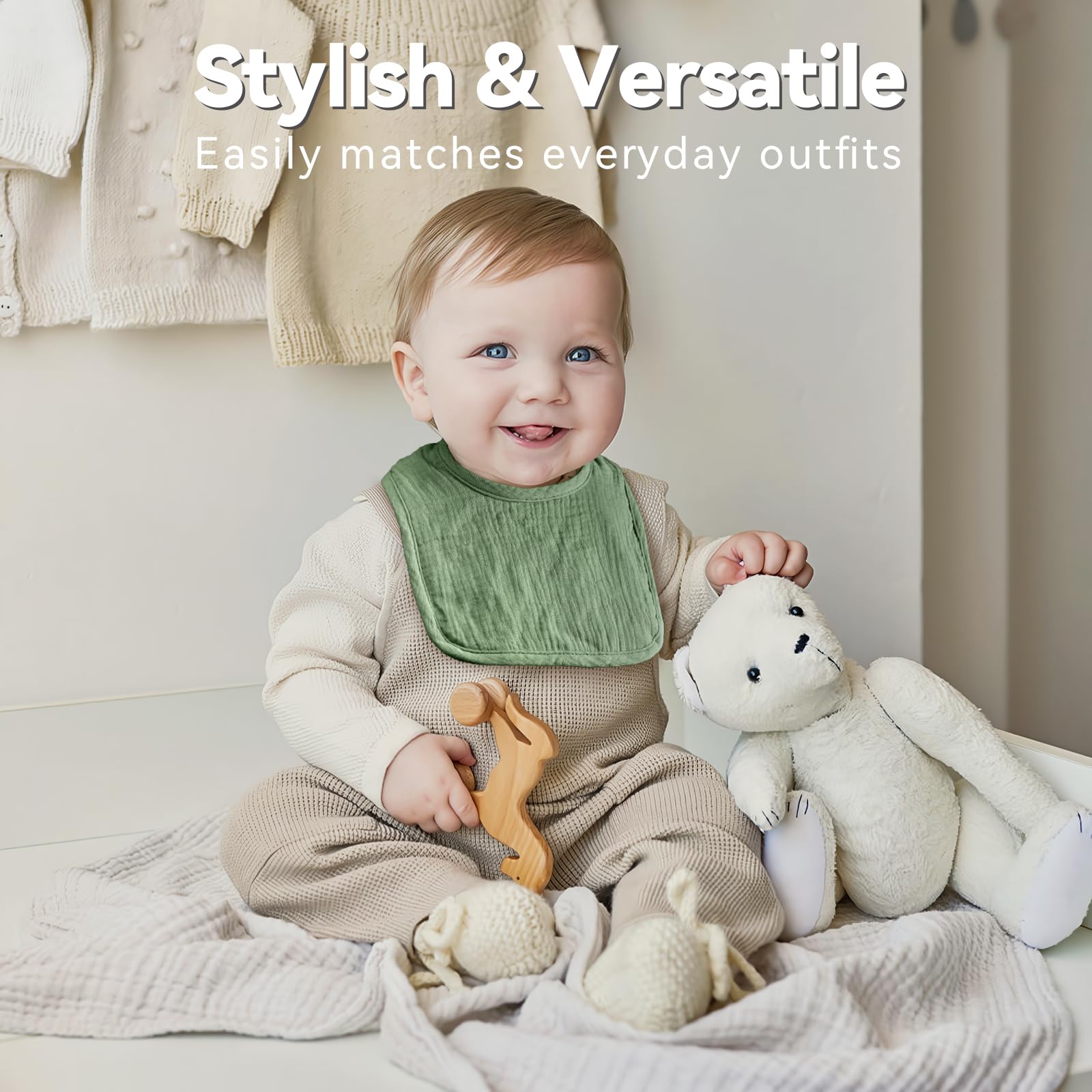 Wrrernsin Muslin Baby Bib back view highlights waterproof back to keep clothes dry.