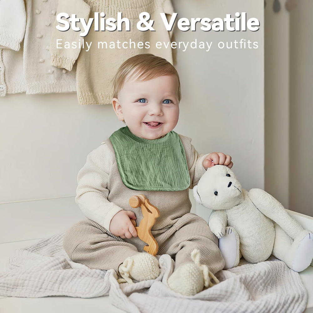 Wrrernsin Muslin Baby Bib back view highlights waterproof back to keep clothes dry.