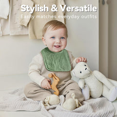 Wrrernsin Muslin Baby Bib back view highlights waterproof back to keep clothes dry.