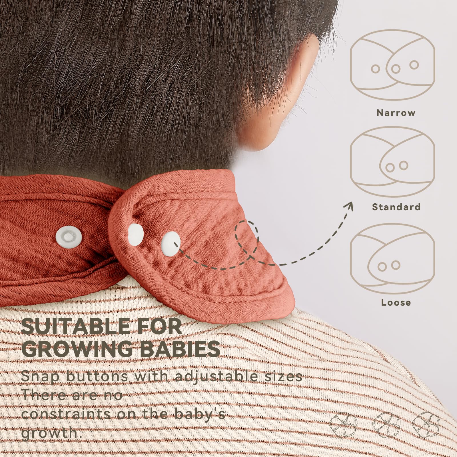 Wrrernsin Muslin Baby Bibs on teething baby demonstrating flexible fit and comfort.