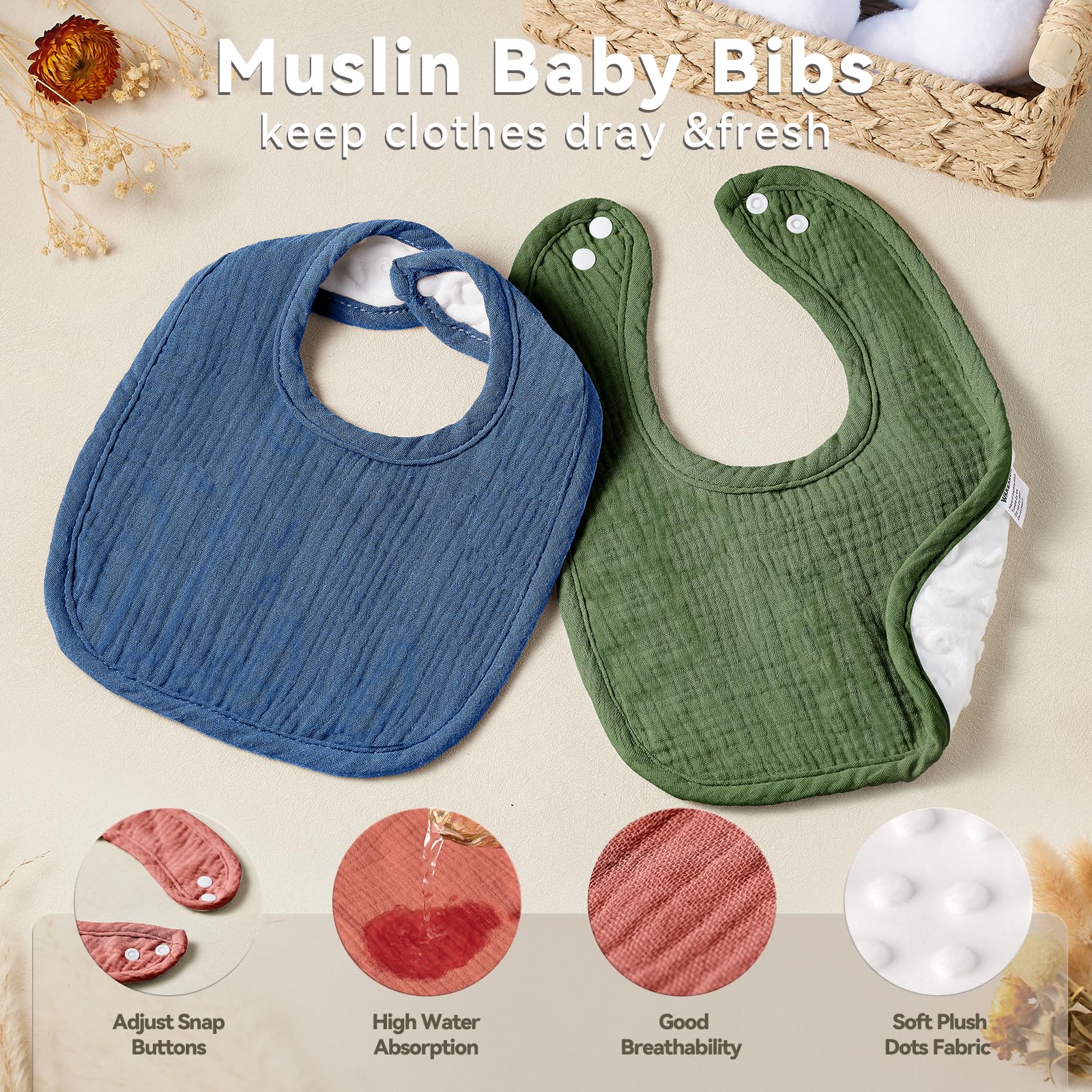 Wrrernsin muslin bibs absorbent layer detail highlights quick moisture absorption.