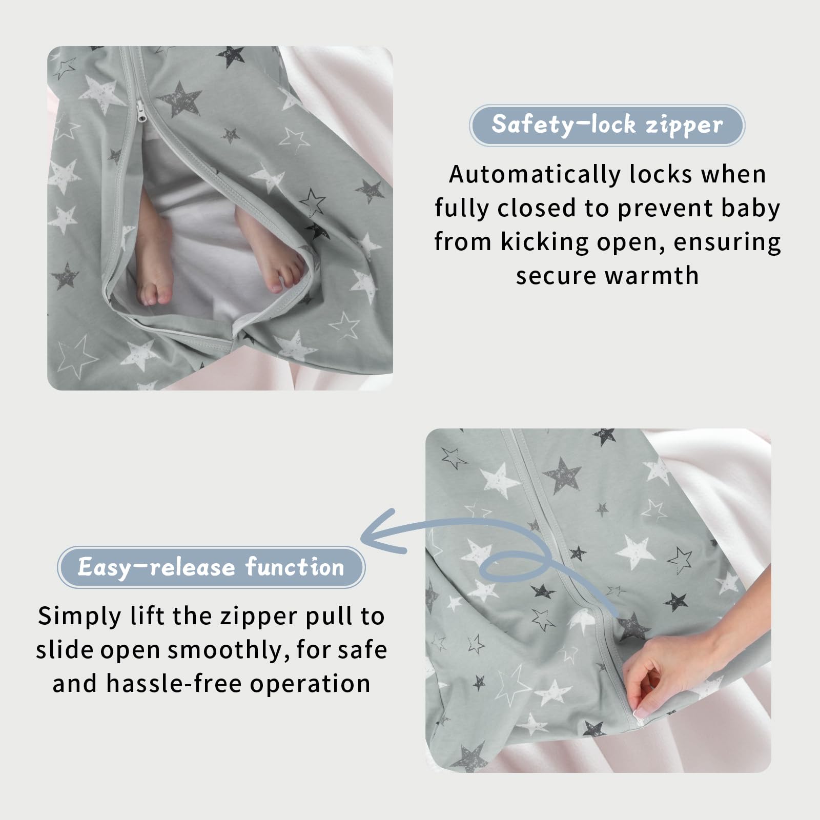 Wrrernsin sleep sack safety-lock zipper prevents accidental openings during the night