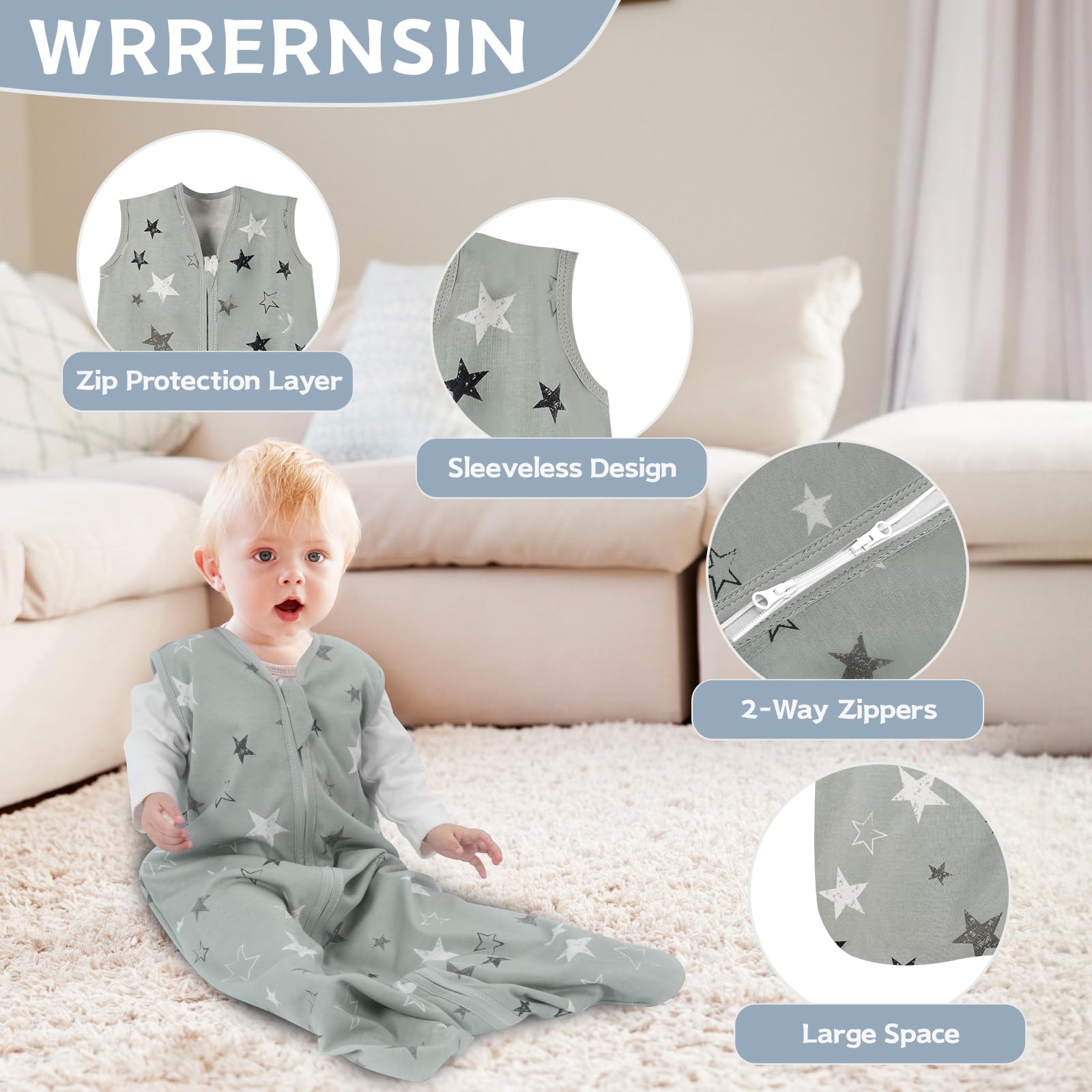 Wrrernsin sleep sack two-way zipper enables quick diaper changes