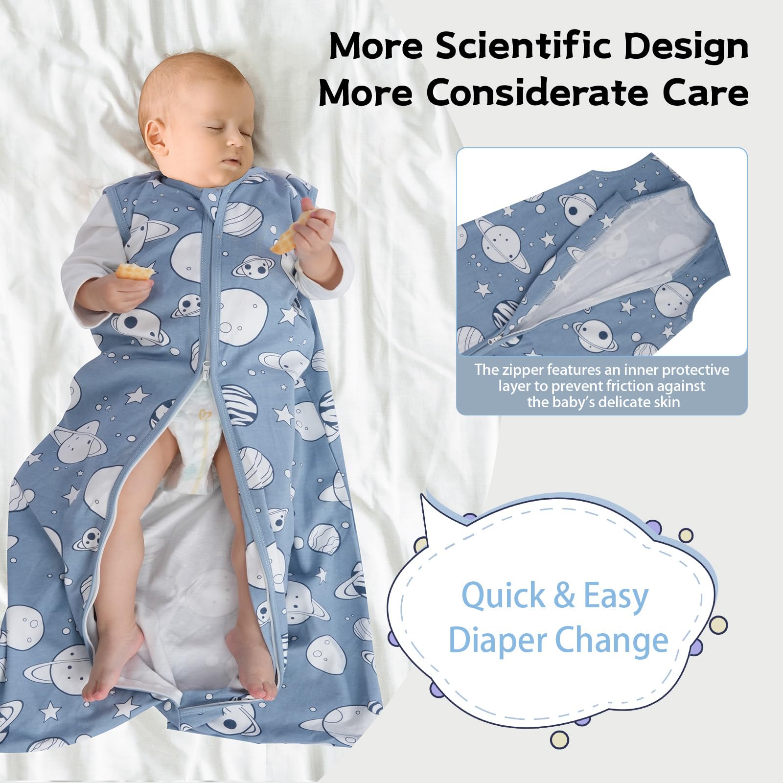 Wrrernsin sleep sack with widened bottom—extra legroom for movement.