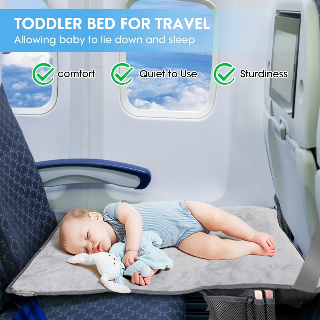 Wsoaam Toddler Travel Bed storage bag demonstrates tidy toy and snack organization.