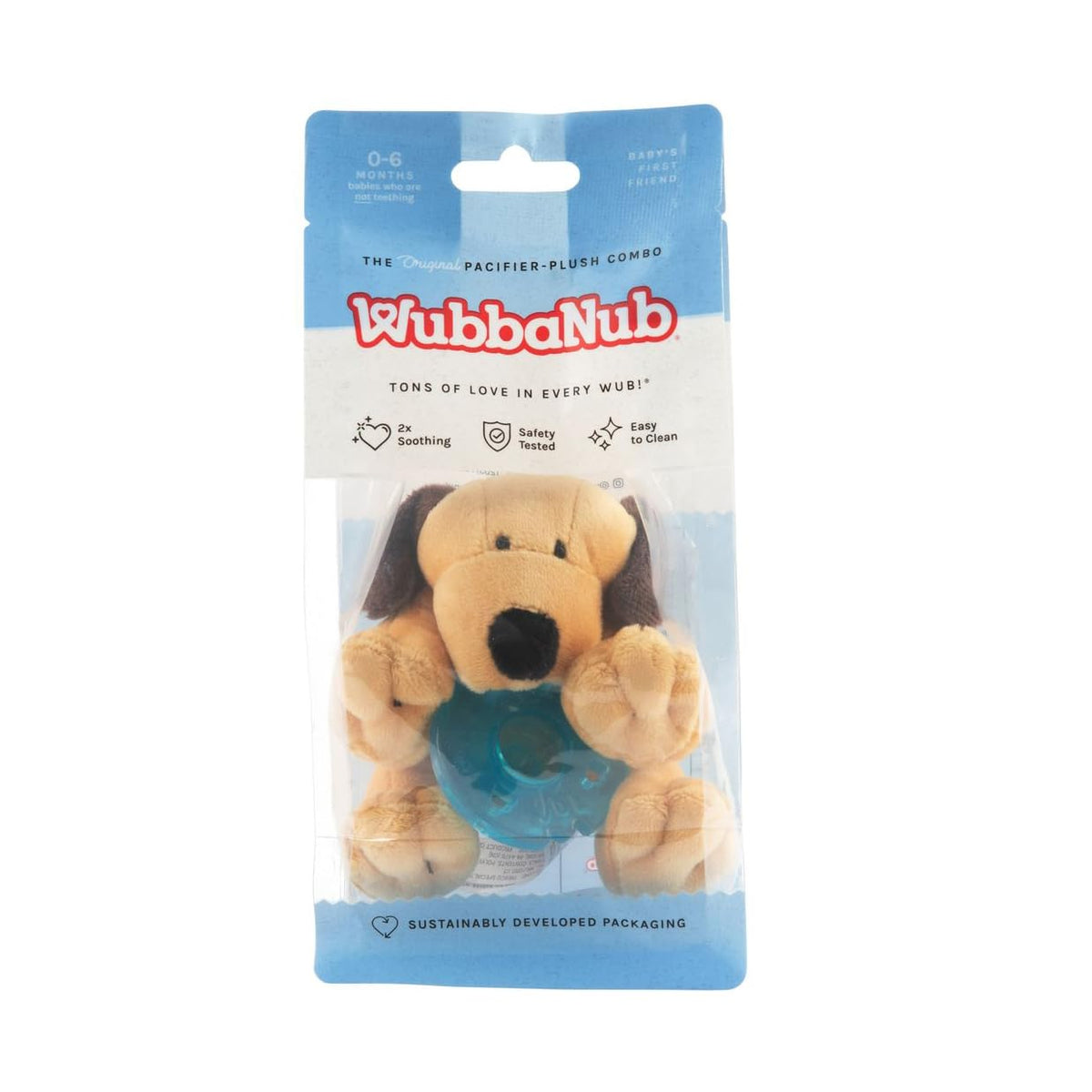 WubbaNub Brown Puppy pacifier with plush for newborn comfort and easy grip.