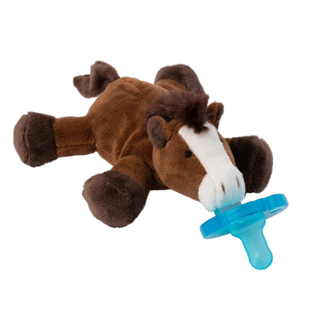 WubbaNub Horse pacifier plush combo offers easy grasp for soothing newborns.