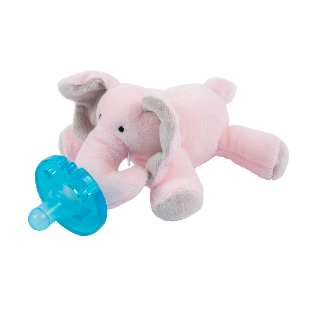 WubbaNub pink elephant pacifier in hospital setting illustrates newborn access