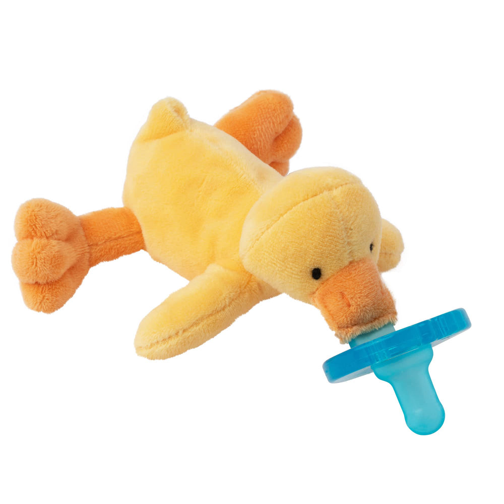 WubbaNub infant pacifier yellow duck front view promotes soothing comfort for newborns
