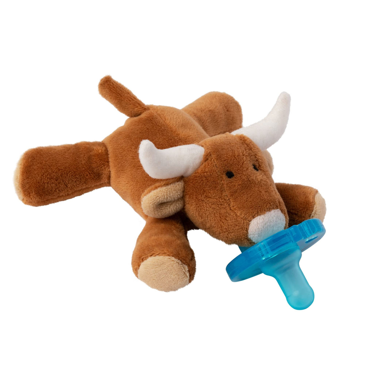 WubbaNub Longhorn Bull pacifier closeup with durable silicone nipple for newborn soothing.