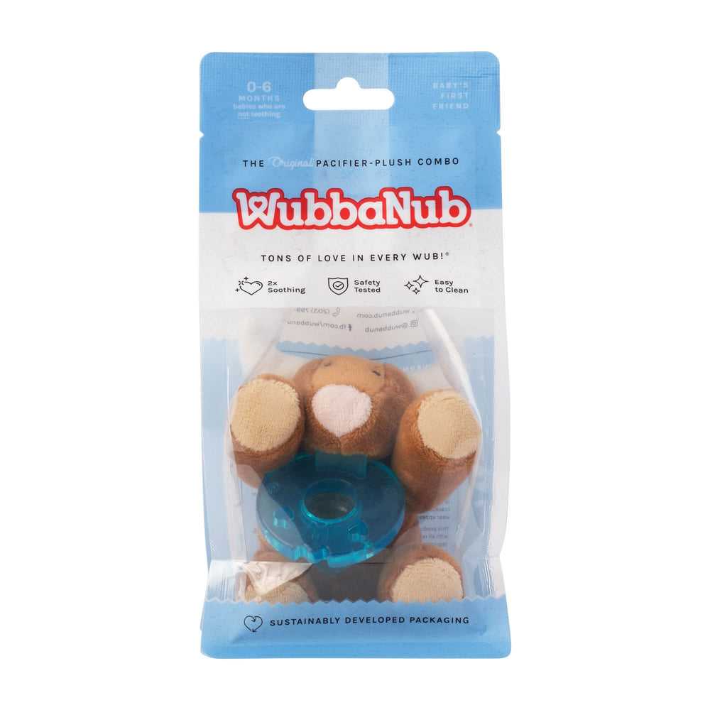 WubbaNub newborn use scene emphasizes gentle soothing before teething.
