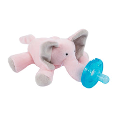 WubbaNub pink elephant pacifier shown with plush soothing newborns