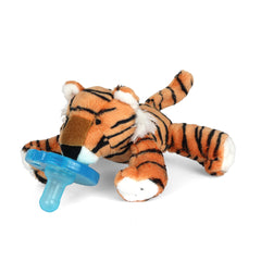 WubbaNub Tiger baby holding the plush pacifier for comforting nighttime feeds.