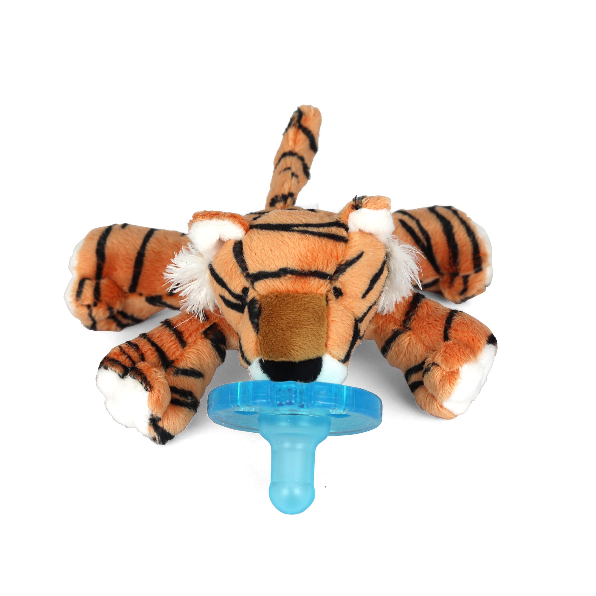 WubbaNub Tiger pacifier silicone tip visible for safe soothing and easy grasp.