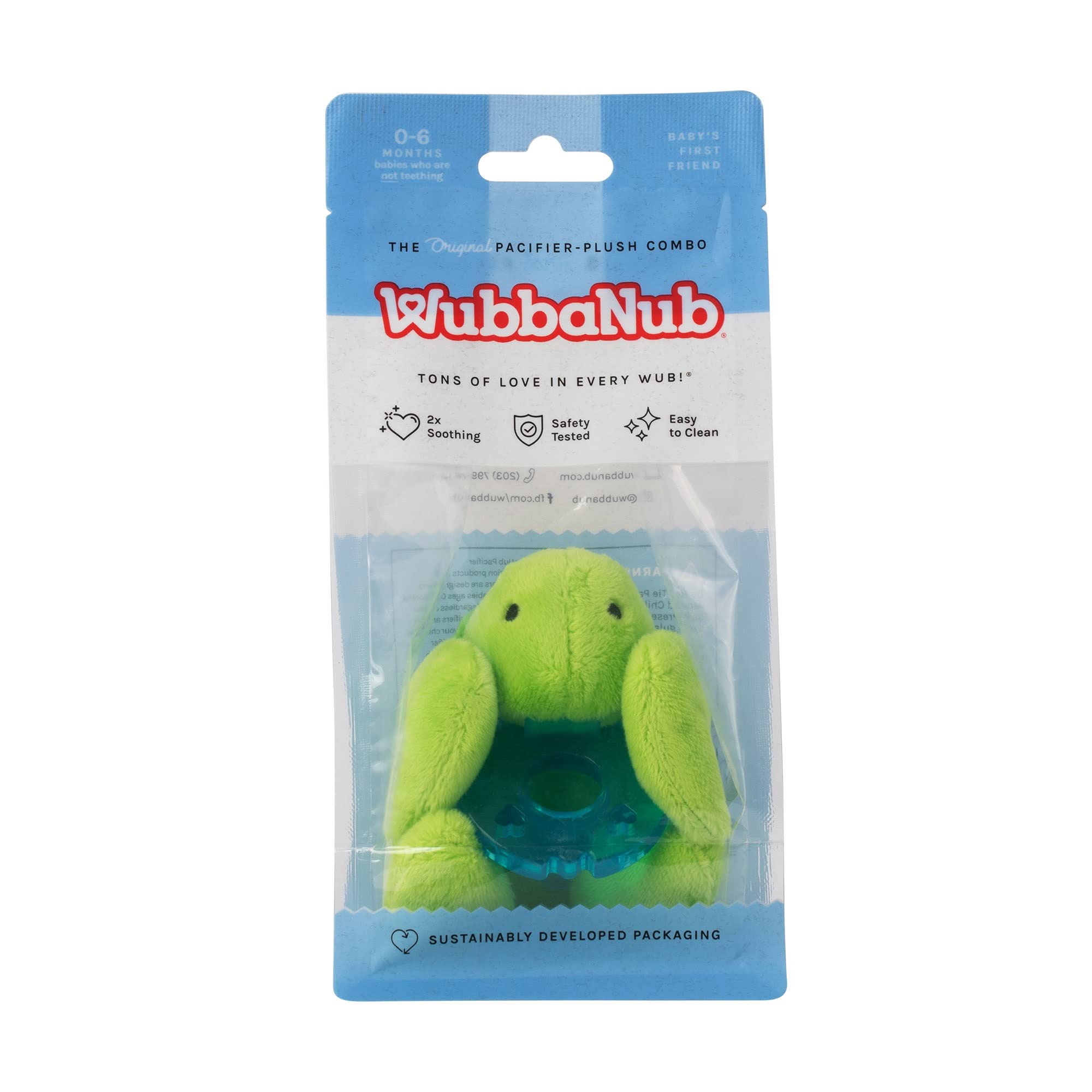 WubbaNub Turtle smiling baby shows comforting companionship during early months.