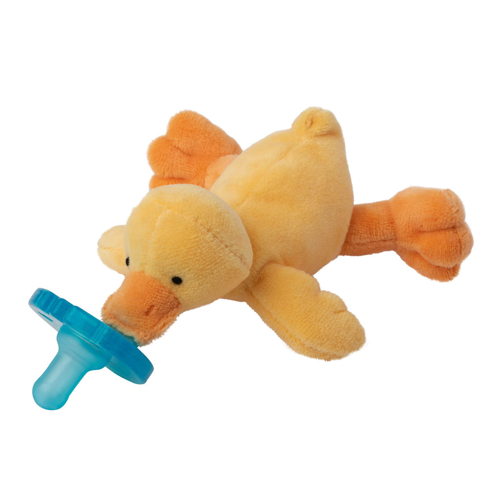 WubbaNub yellow duck plush-detail highlights 100% silicone pacifier for latex-free safety