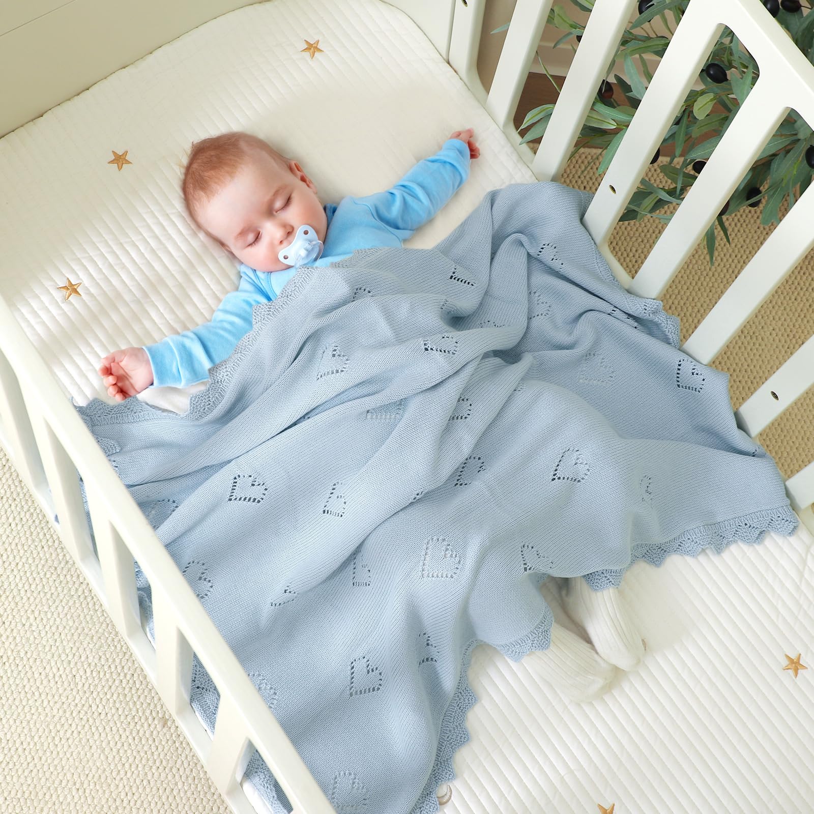 Wugugu baby blanket crochet 30x40 size fits swaddling and stroller use.