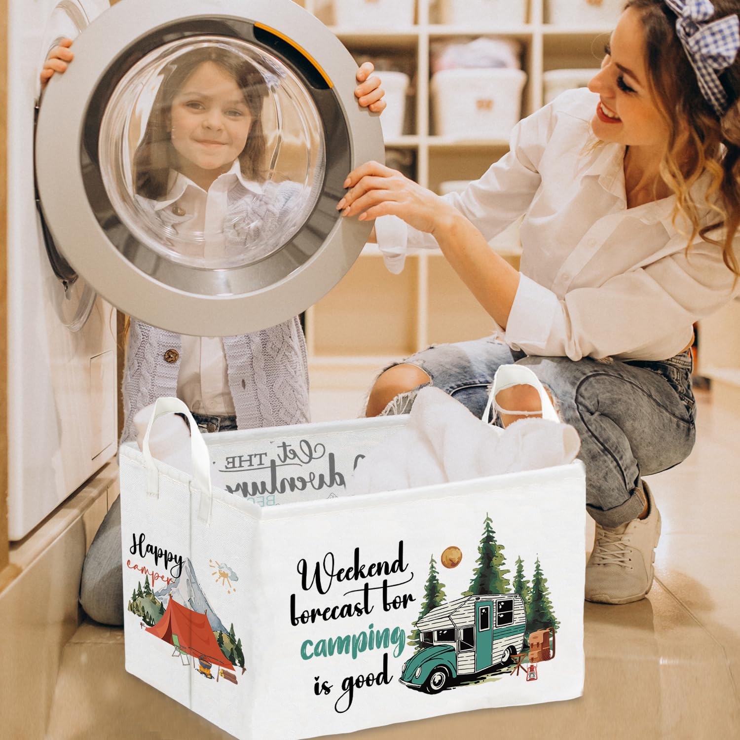 Wuguimeii camping theme toy box in a kids room adds decor while organizing toys