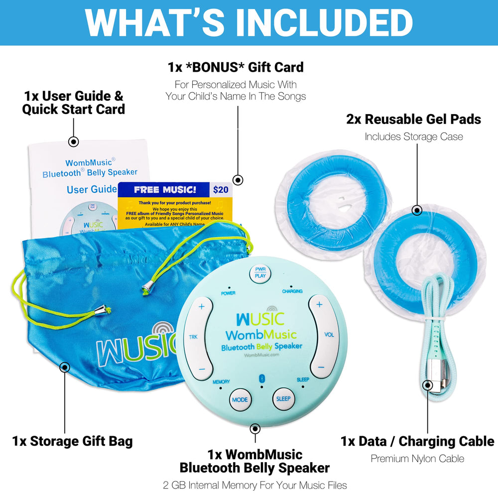 Wusic belly speaker kit contents with accessories.