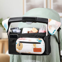 WUUTER stroller organizer with cup holders keeps bottles secure during walks.