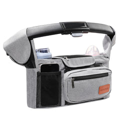 WUUTER stroller organizer with cup holders ready for on-the-go drinks and snacks.
