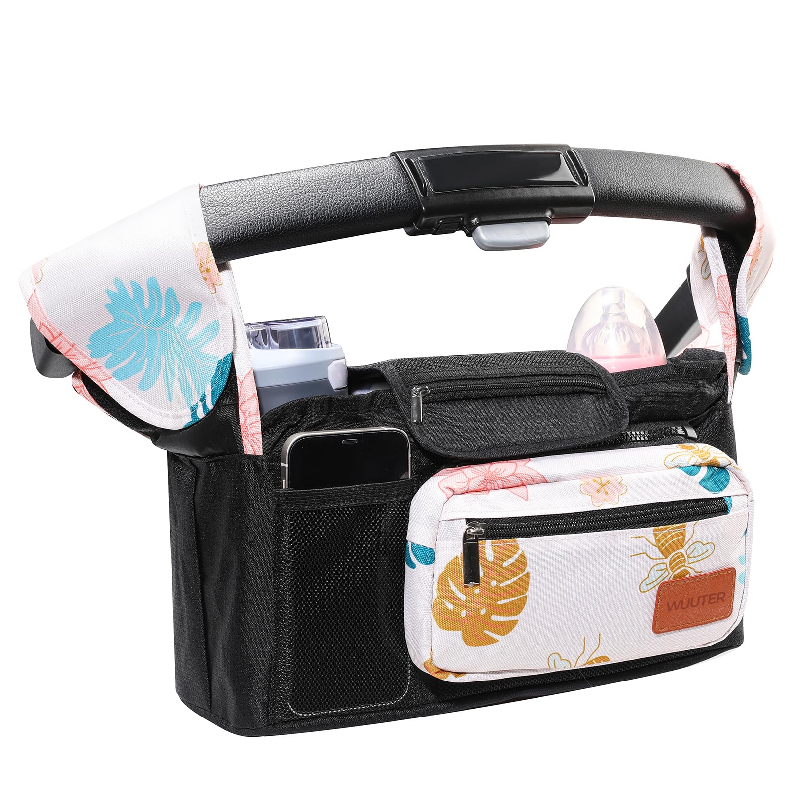 WUUTER stroller organizer shows large-capacity pockets for quick access to wipes and toys.