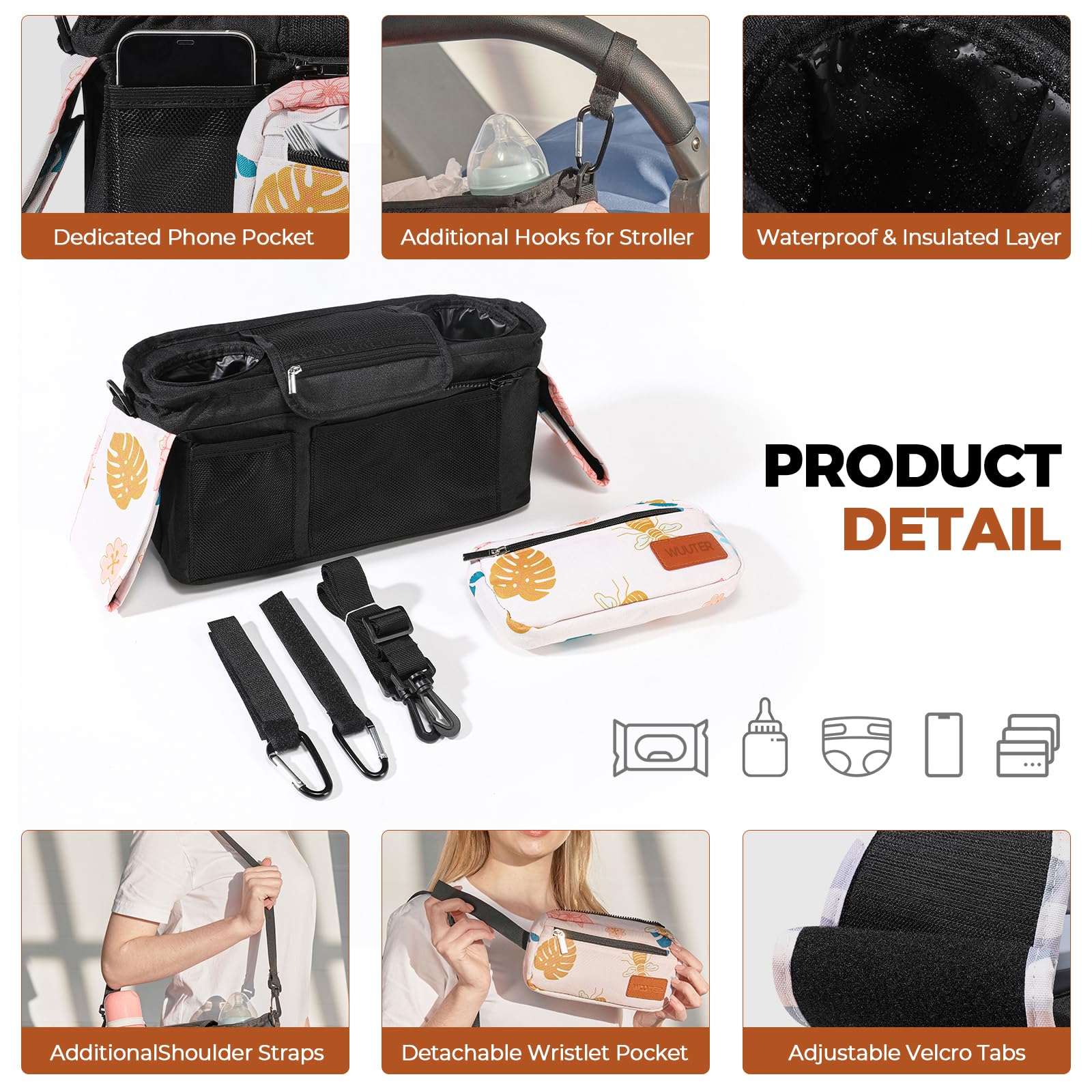 WUUTER stroller organizer with shoulder strap for versatile carrying options.