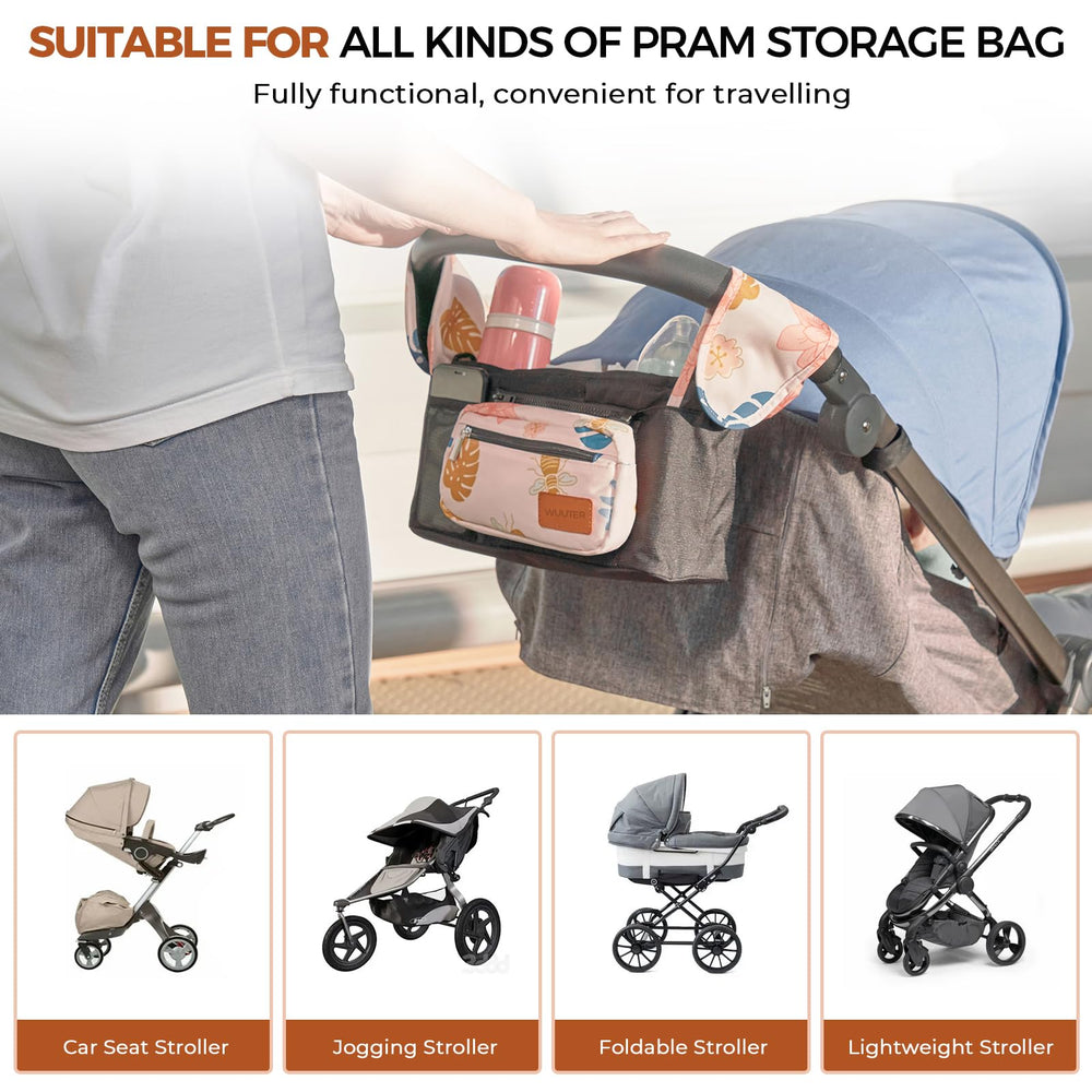 WUUTER stroller organizer keeps baby gear organized for travel.