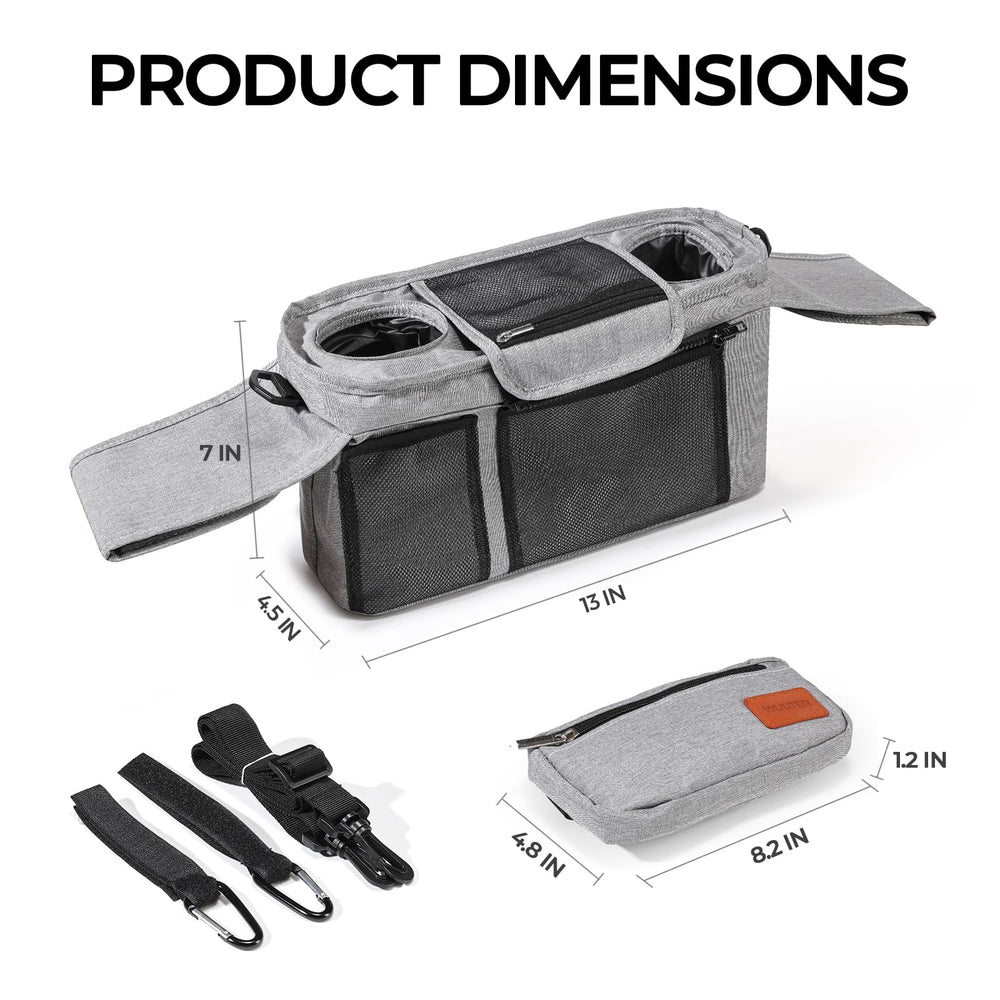 WUUTER universal-fit organizer attached to a stroller, enabling quick access.