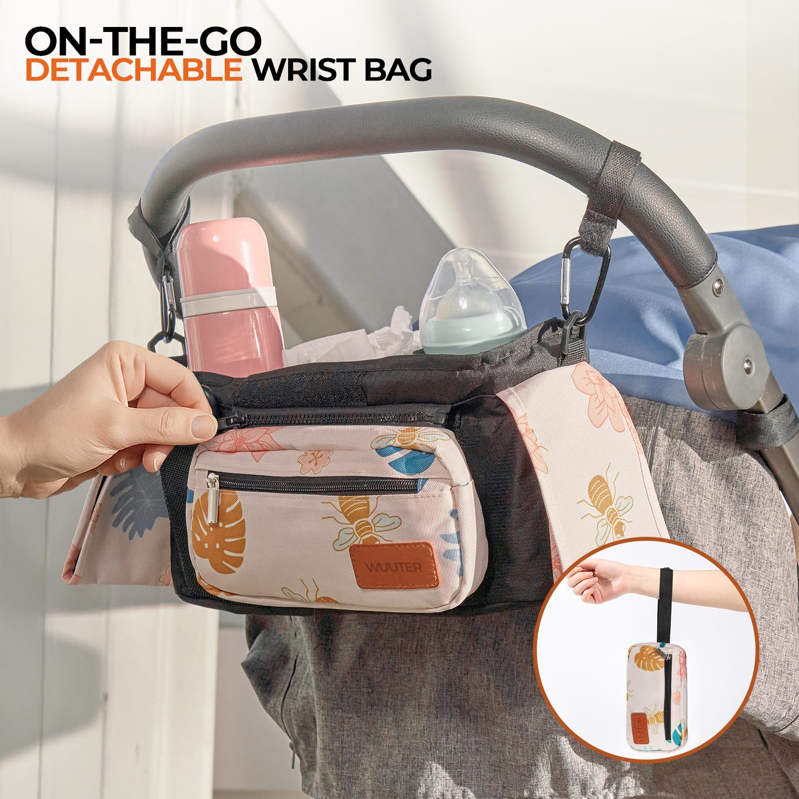 WUUTER stroller organizer fits multiple strollers with universal-strap compatibility.