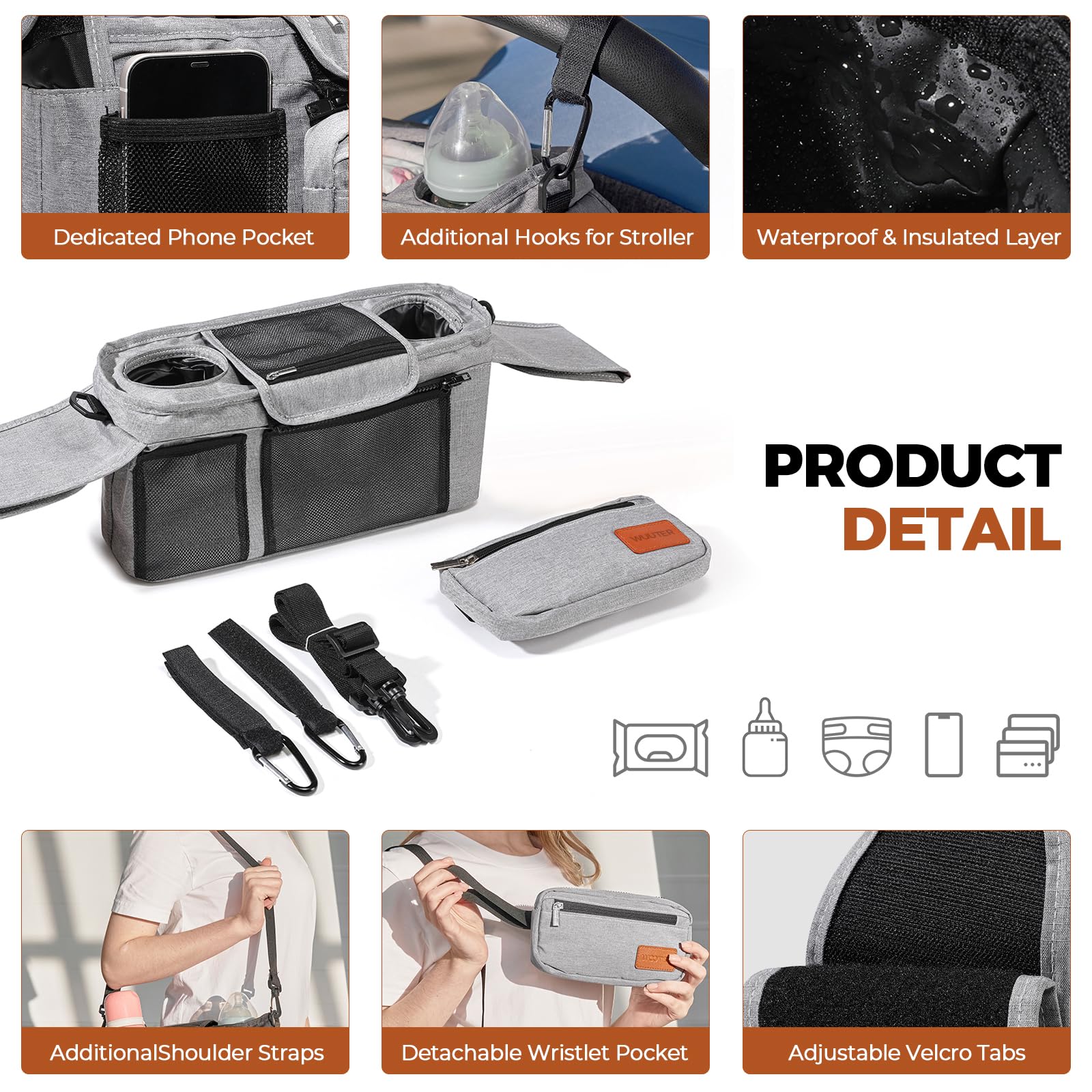 WUUTER large-capacity organizer holding bottles, wipes, and toys within reach.