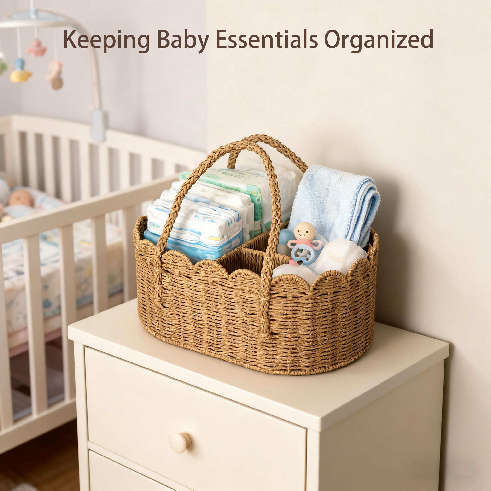 WWMayFeel diaper caddy organizer on dresser top keeps diapers, wipes, and supplies within reach.