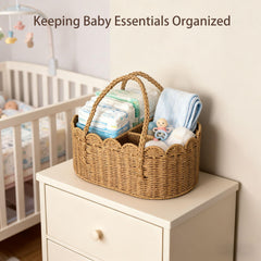 WWMayFeel diaper caddy organizer on dresser top keeps diapers, wipes, and supplies within reach.