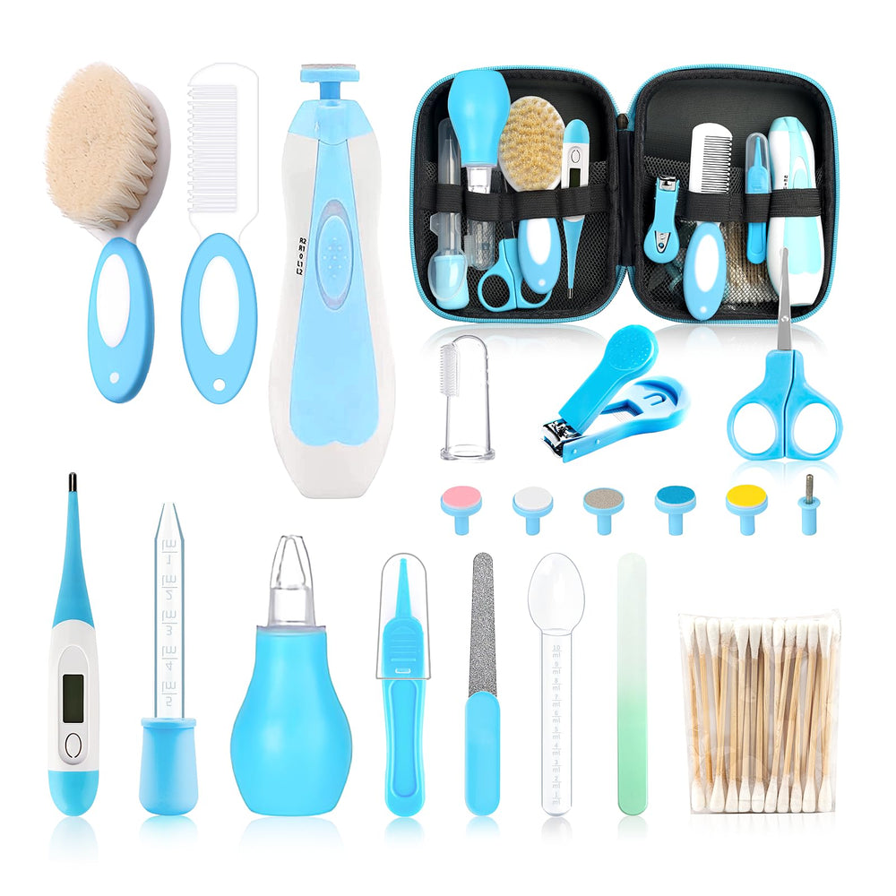 WXA 21-piece newborn essentials blue kit organized.