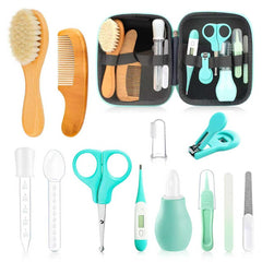 WXA Baby Grooming Kit 13pc green case keeps newborn grooming essentials organized.