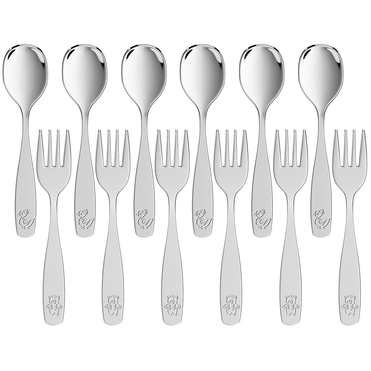 WXCWYQR toddler utensils 12-piece set for easy self-feeding with spoons and forks.